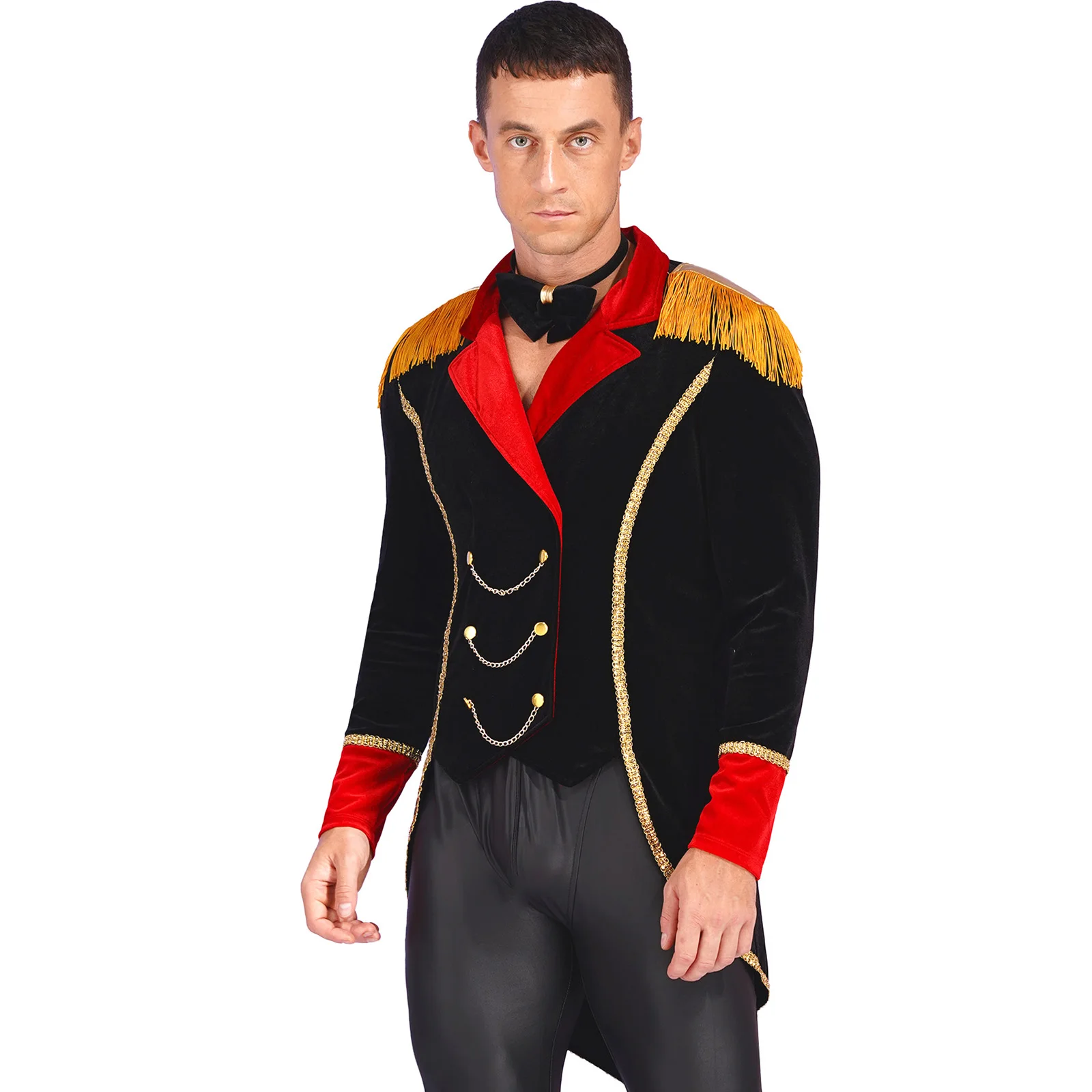 Mens Circus Cosplay 2025 Outfit Circus Ringmaster Costume Veet Jacket Metal Chains Long Sleeve Swallow-Tailed new Coat with Bow Tie