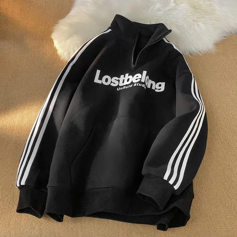 American Vintage Personalized Hip Hop Letter Printing Trend Thin Sweater Spring and Autumn Loose Design Couple Long Sleeve Top
