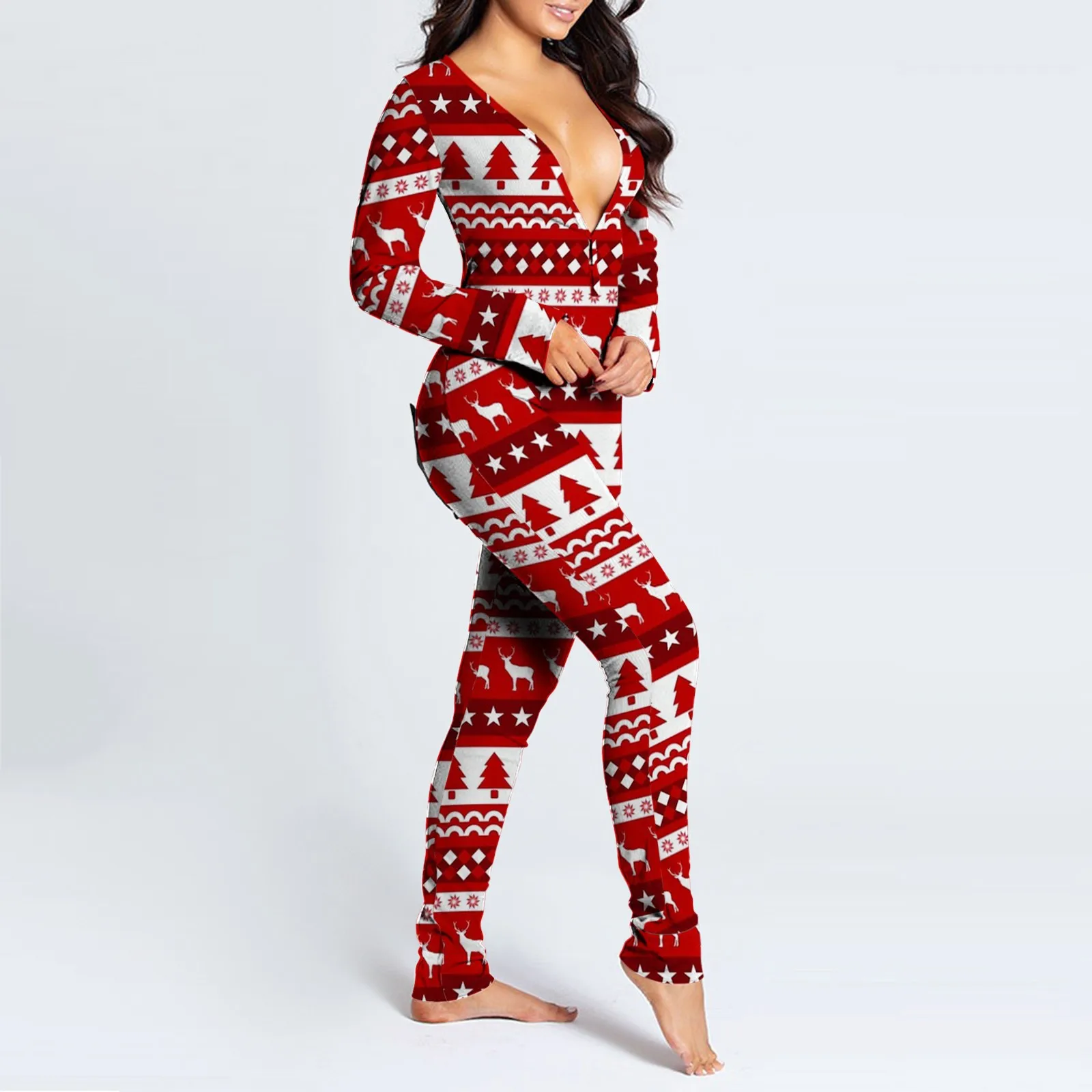 2021 Christmas Women Onesies Sexy Open Crotch Sleepwear With Butt Flap Winter Xmas Printed Female Pijamas Pijama Feminino Z40
