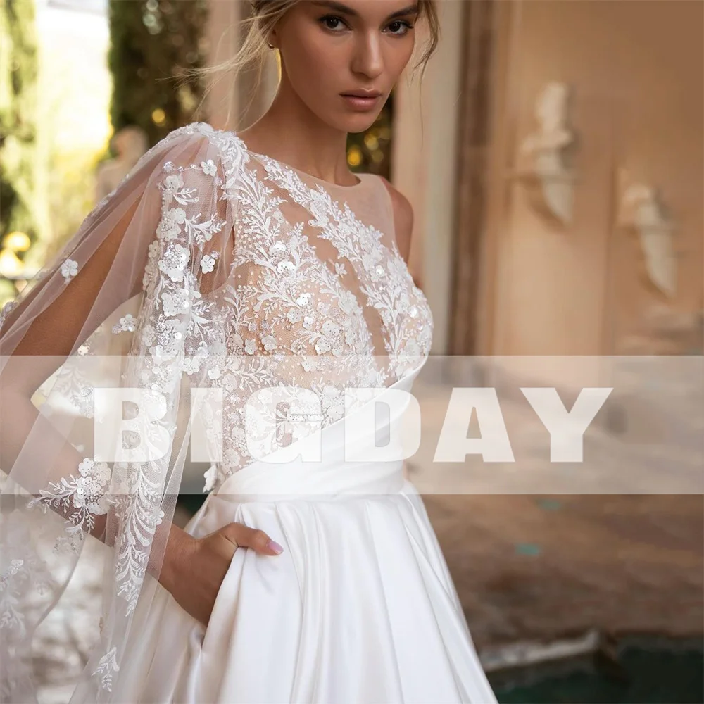 Elegant A-Line Wedding Dresses Women 2024 Open Back Lace O-Neck Satin Pleat Applique Bridal Gowns Sweep Train Vestidos De Noiva