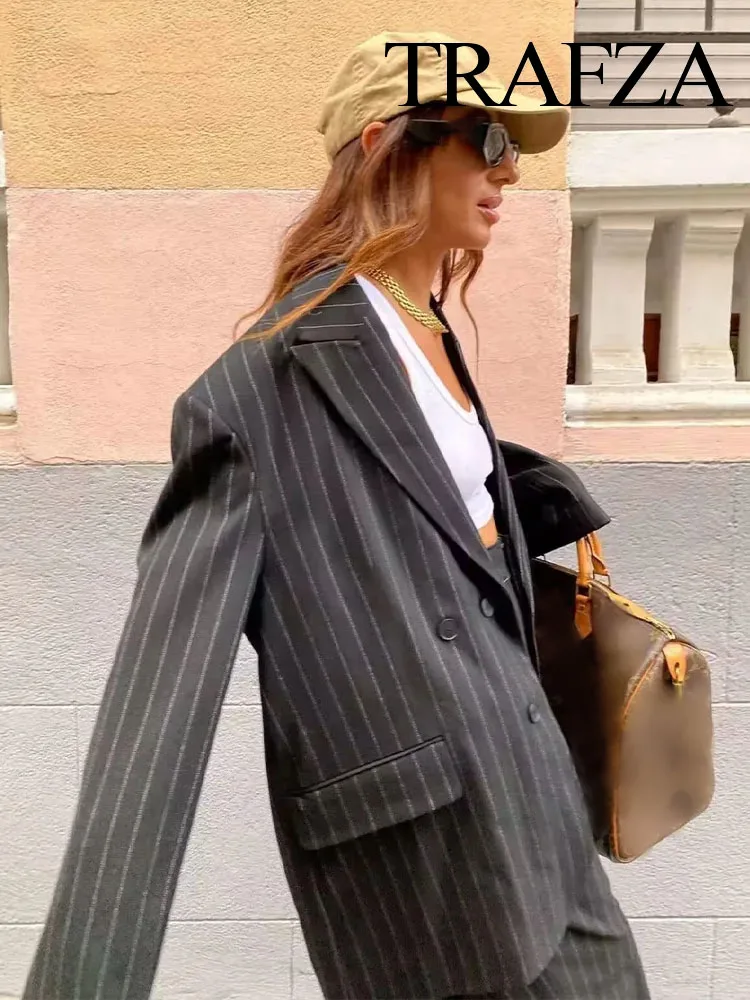 TRAFZA 2024 Woman Autumn Oversize Jackets Coat Suit Office Women Blazer Elegant Outerwear Women Striped Blazer Outfits Jacket