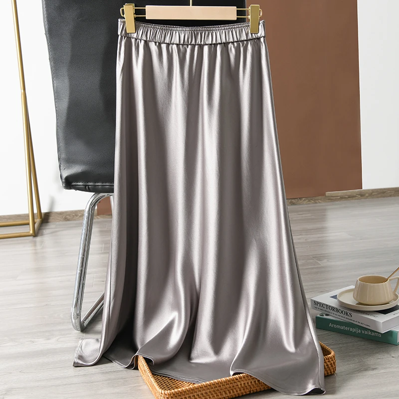 Glossy Acetic Acid Satin Skirt Women's 2023 Spring Autumn New Mid Length Elegant Mature Series Dropped Slim A-line Skirt 6XL smile
