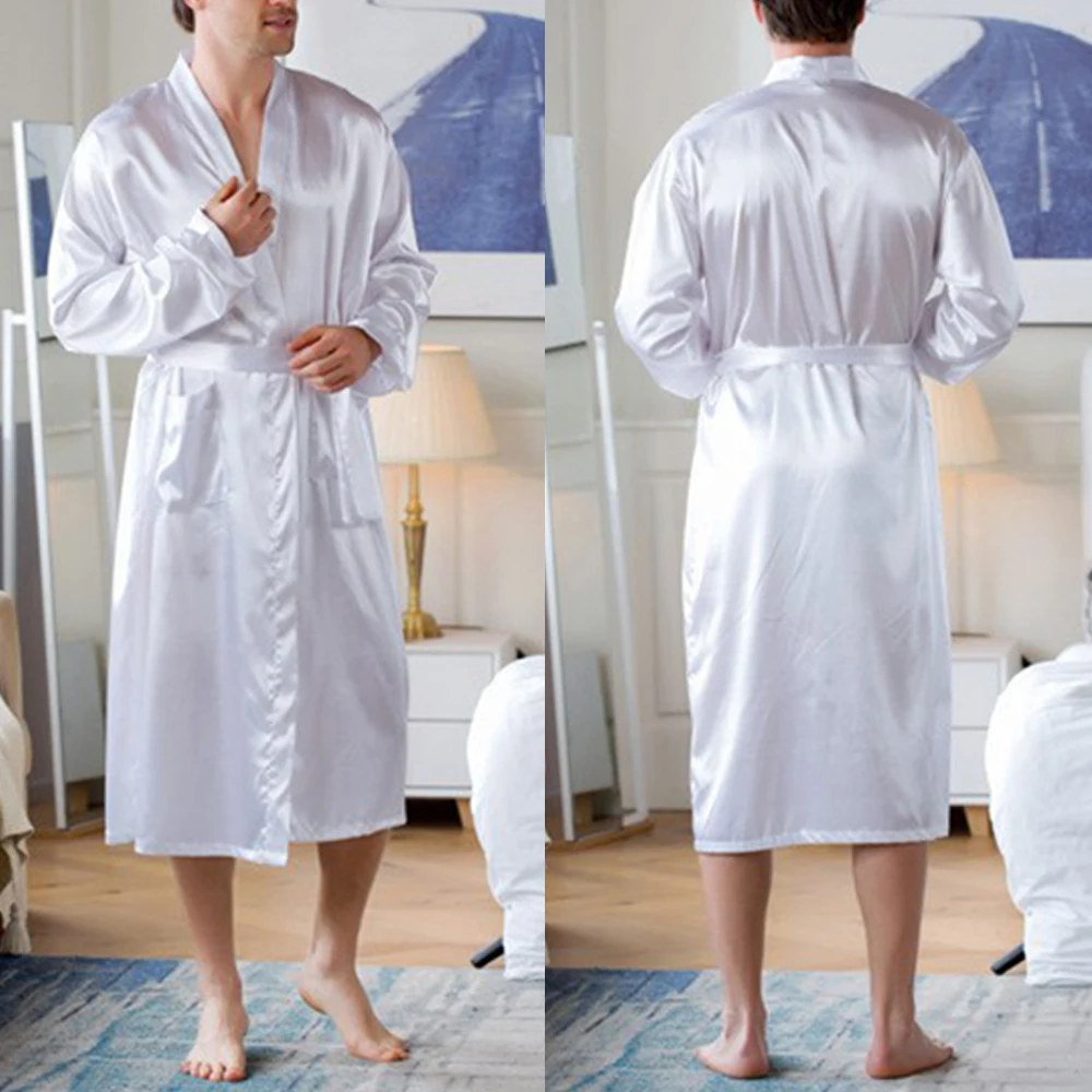 Men Robe Silk Bathrobe Soft Cozy new Long Sleeve Nightgown One-Piece Kimono Men Bath 2025 Gown Solid Robes Home Satin Sleepwear Pamas