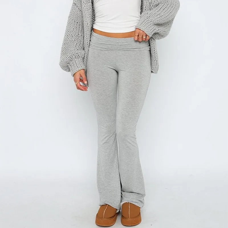 Sexy Spicy Girls Fold Over Flare Long Pants Low Rise Tight Lifting Hip Pants For Women Solid Color American Casual Yoga Trousers