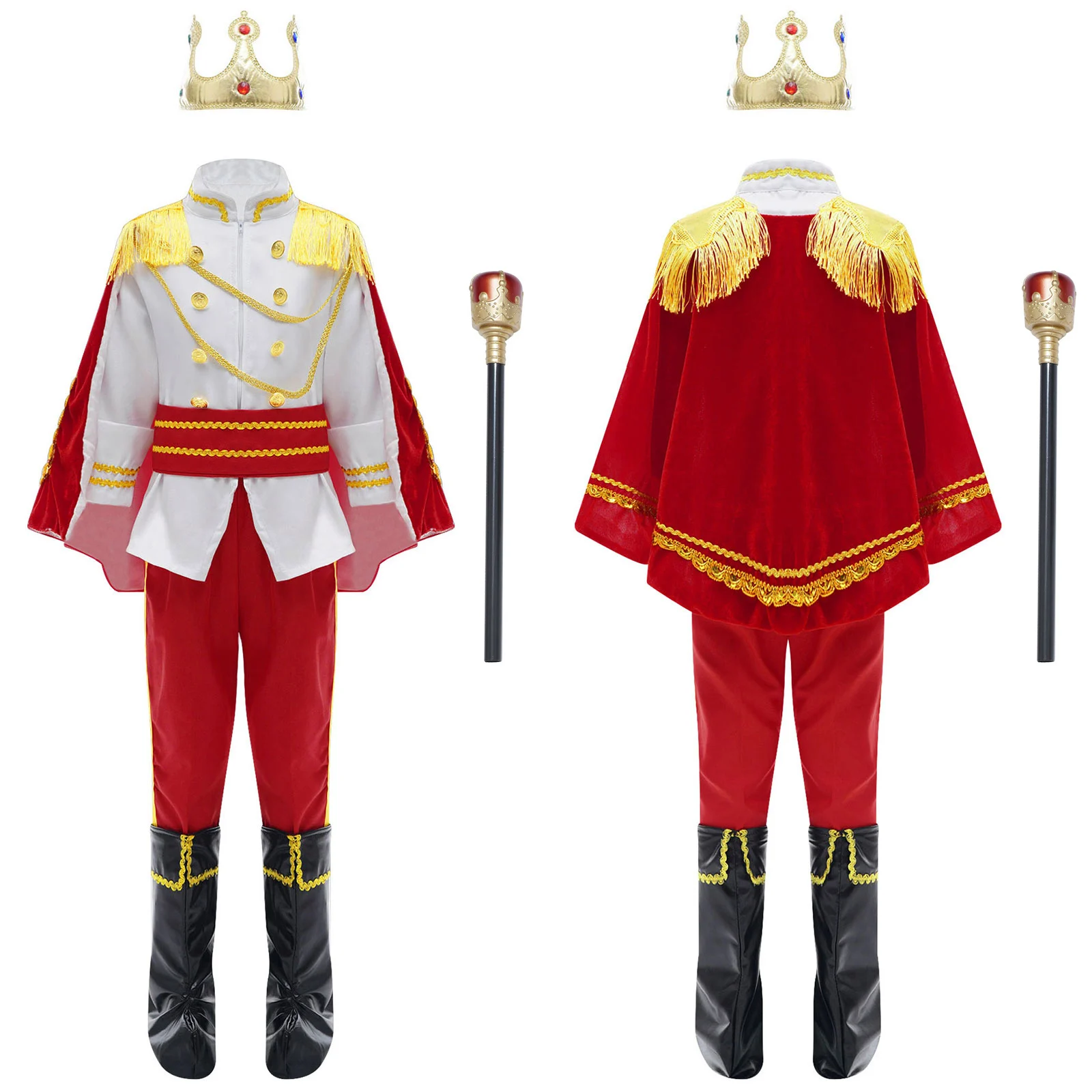 Kid Boys Medieval Prince King Costume Halloween Cosplay Theme Party Masquerade Cloak Crown Scepter Jacket Pants Shoes Covers Set