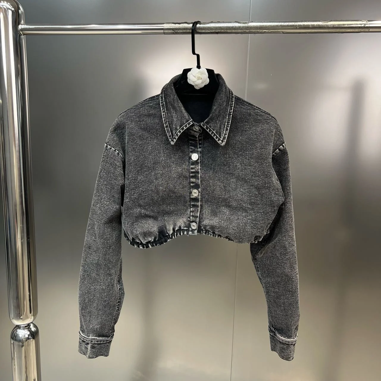 PREPOMP 2023 Spring Turn Down Collar 2025 Long Sleeve Short Grey Denim Jacket Double Pockets Mini Skirt Two Piece Set new Outfits GH318