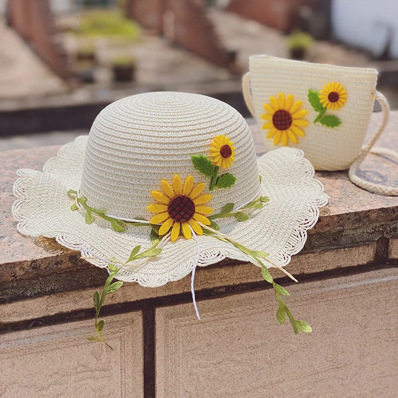 Cute Sun Hats for Kids Sunflower Summer Sun Hat Visor Cap Straw Hat Bag For Girls Kids Beach Travel Hat Girl Cute Sunscreen Cap