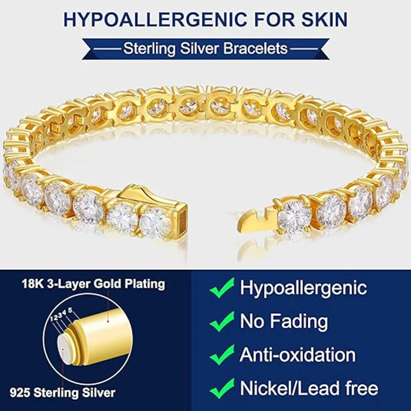 3-5mm Genuine Moissanite Tennis Bracelet Christmas Gift Gold Plated 100% 925 Sterling Silver Engagement Wedding Jewellery