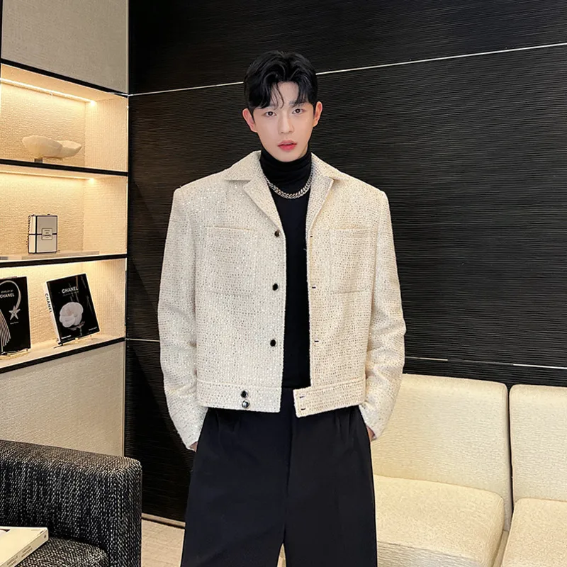 NOYMEI 2025 Temperament All-match Sqeuins Men's Short Blazer Autumn Winter 2024 New Black Lapel Fashionable Korean new Suit Jacket WA2626