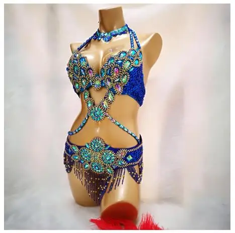 Belly Dance Costume Wear Bra+Belt+Necklace 3pc Set stage show wear Sexy Women Crystal Bellydancing Suit Bellydance Clothes