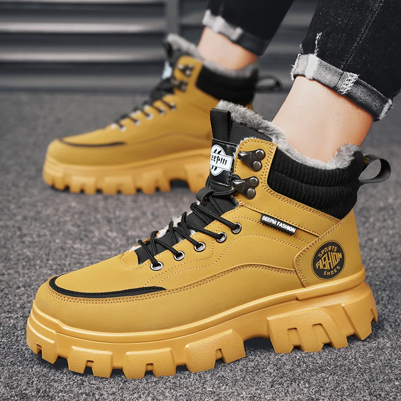 Men Tactical Winter Boots Mens Casual Ankle Winter Shoes High Top Platform Leather Outdoor Work Safety Sneakers Chelsea Cowboy