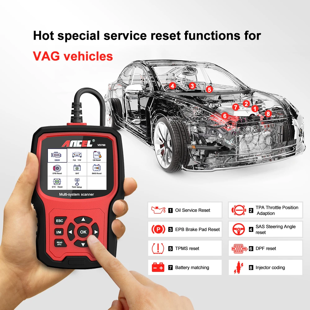 Ancel VD700 OBD 2025 Code Reader OBD2 All System Diagnostic new Tool Airbag ABS Oil TPMS TPMS Reset Auto Automotive Scanner