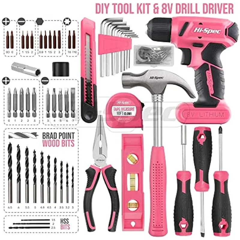 XMSJ toolbox for mechanics Hi-Spec 58pc Pink 8V USB Electric Drill Driver & Household Tool Kit Set