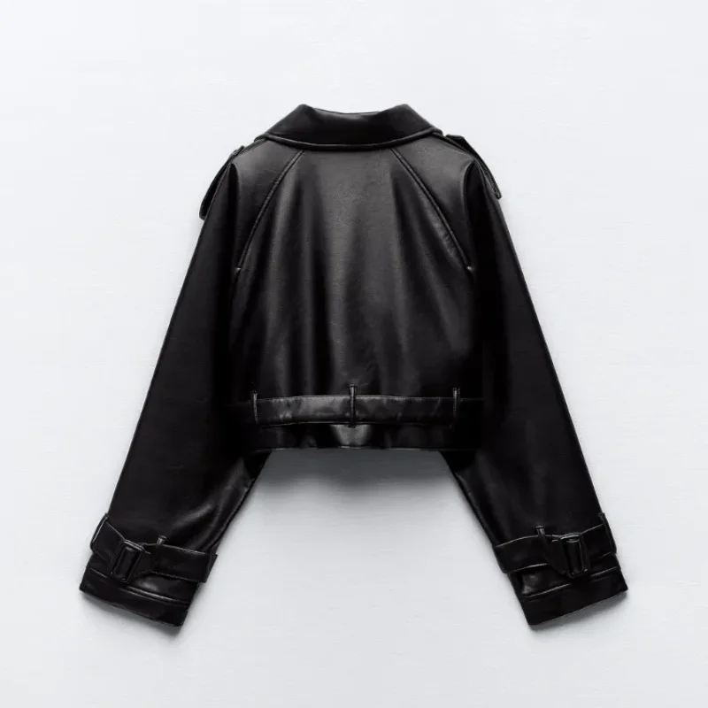 LKSK Short Oversized Leather Effect Trench Coats Fake Leather Cropped Short Jackets Ladies Long Sleeve Loose Women Coat