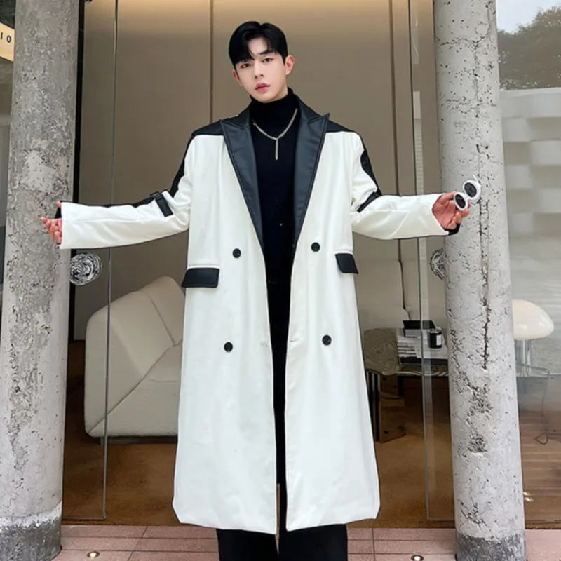 IEFB Korean Style Long Windbreaker Men's Autumn Winter Trend Niche Design Black White Contrast Color Leather Trench Coat 9C3158