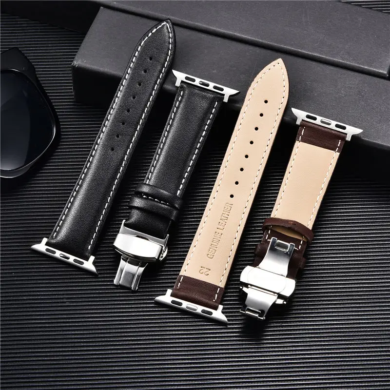 Leather Watchbands for Apple Watch 8 7 6 5 4 3 SE Butterfly Clasp Replace Wrist Strap 38/40/41mm 42/44/45mm Band for iwatch