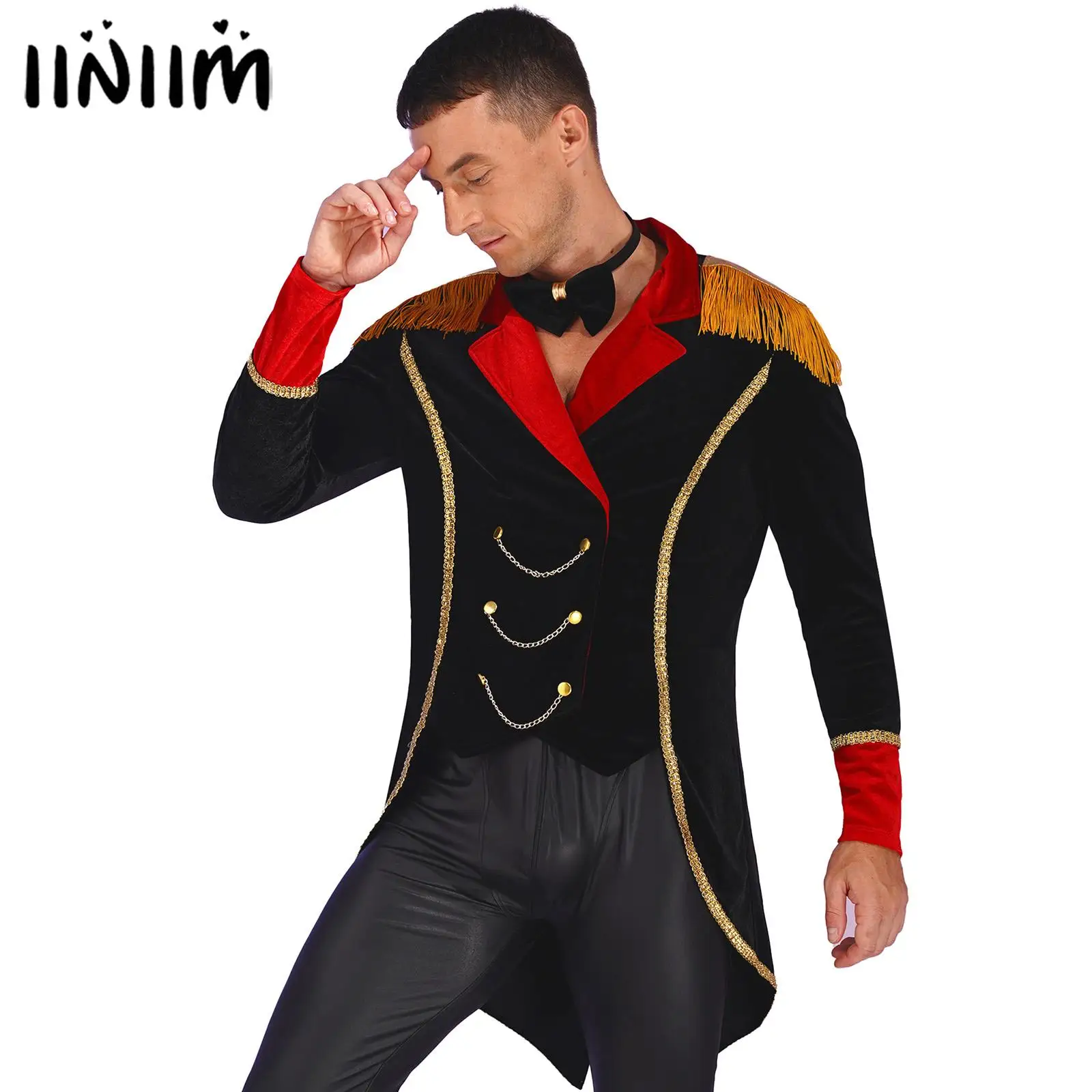 Mens Halloween new Circus Ringmaster Cosplay Costume Lapel 2025 Fringe Jacket Metal Chains Long Sleeve Swallow-Tailed Coat with Bow Tie