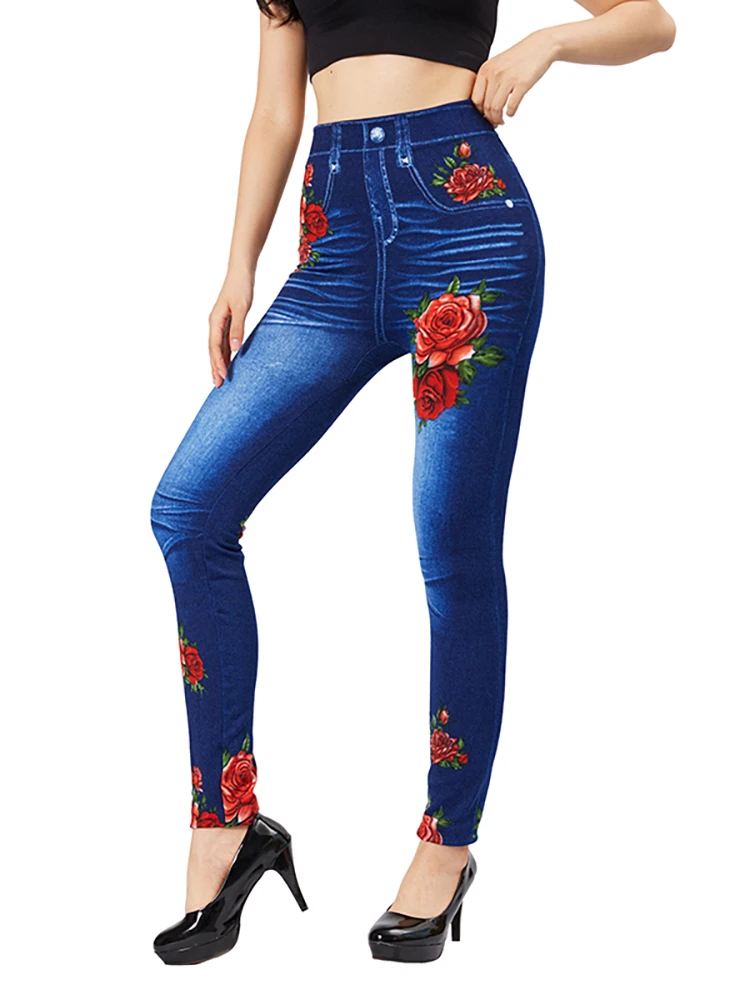CUHAKCI Elegant Women Casual Fake Jeans Red Rose Flower Print Vintage Stretch Pencil Pants Slim Fit Thin Workout Yoga Jeggings smile