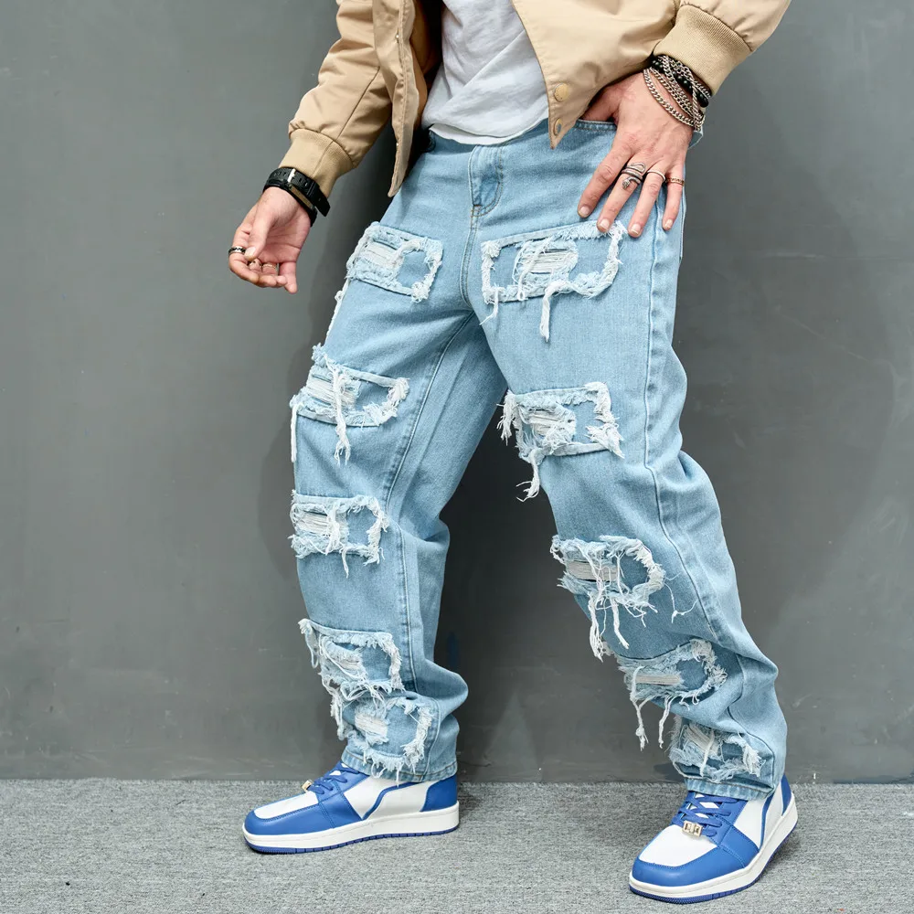 Autumn Stylish Men Ripped Patch Spliced Hip Hop 2025 new Jeans Streetwear Loose Male Straight Denim Pants Trousers