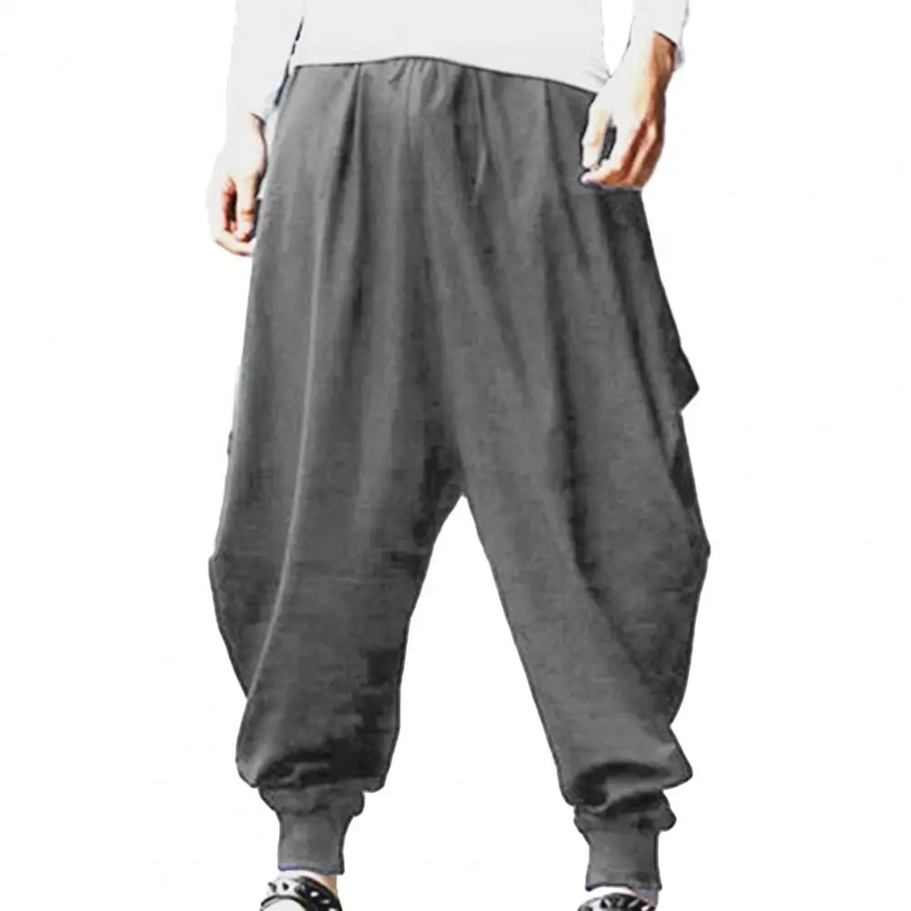 Men Harem Pants Solid Color Elastic Waist Men Trousers Loose-fit Retro Style Drawstring Casual Long Trousers Streetwear