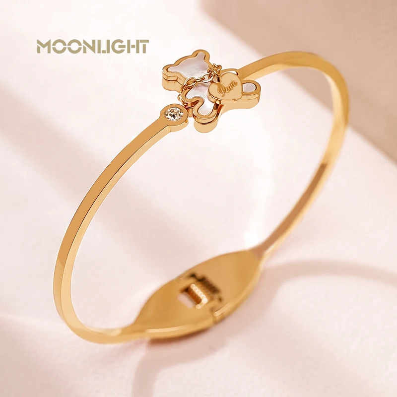MOONLIGHT Women's Trendy Cute Teddy Bear Bangle Rose Golden Natural Shell Wristband Bangles Party Jewelry Chiristmas Gifts