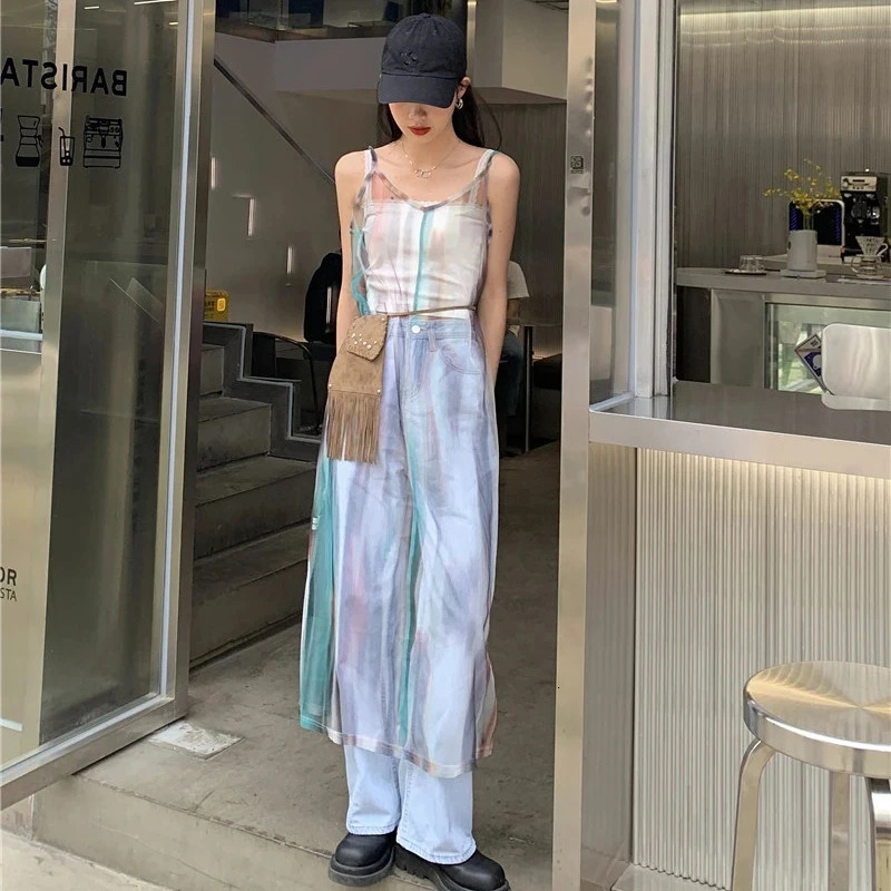 MEXZT Y2K Tie Dye Tulle Sheer Dress Women Sexy Spaghetti Strap Midi Dress Streetwear Harajuku Mesh See Through Loose Sundress 240319