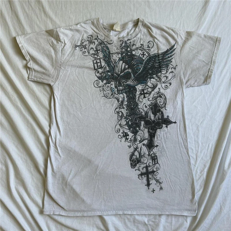Cyber Xingqing y2k Crop Top 2000s Women Graphic Skull Print Round Neck Short Sleeve Tshirts Fairy Grunge Core Clothes Streetwear smile