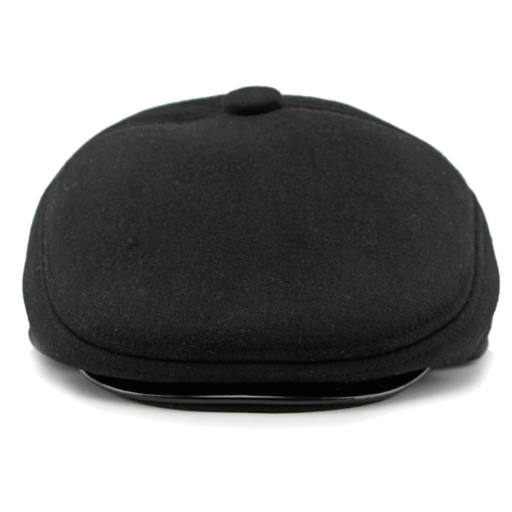 HT4287 Thick Warm Winter Caps for Men Solid Black Grey Ivy Newsboy Flat Cap Male 5 Panels Beret Hat with Ear Flaps Beret Caps