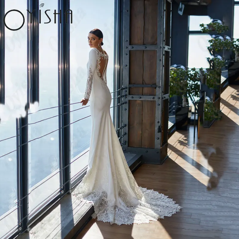 OYISHA Scoop Long Sleeves 2025 new Wedding Dresses Elegant Satin Mermaid Lace Bridal Gowns For Woman Appliques Simple Vestido De Mariages
