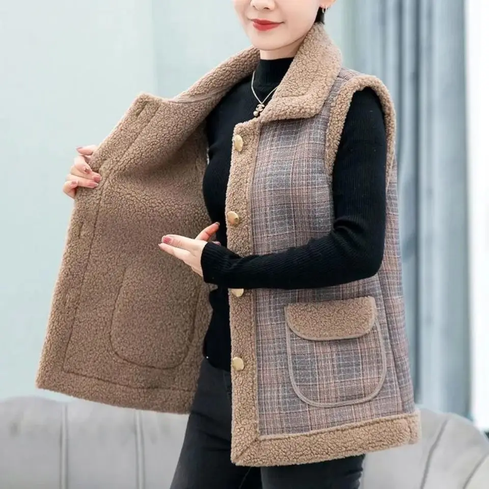 New Large Size Women s Bust Faux Lamb Hair Waistcoat Vest Autumn V neck Single breasted Solid for Mother