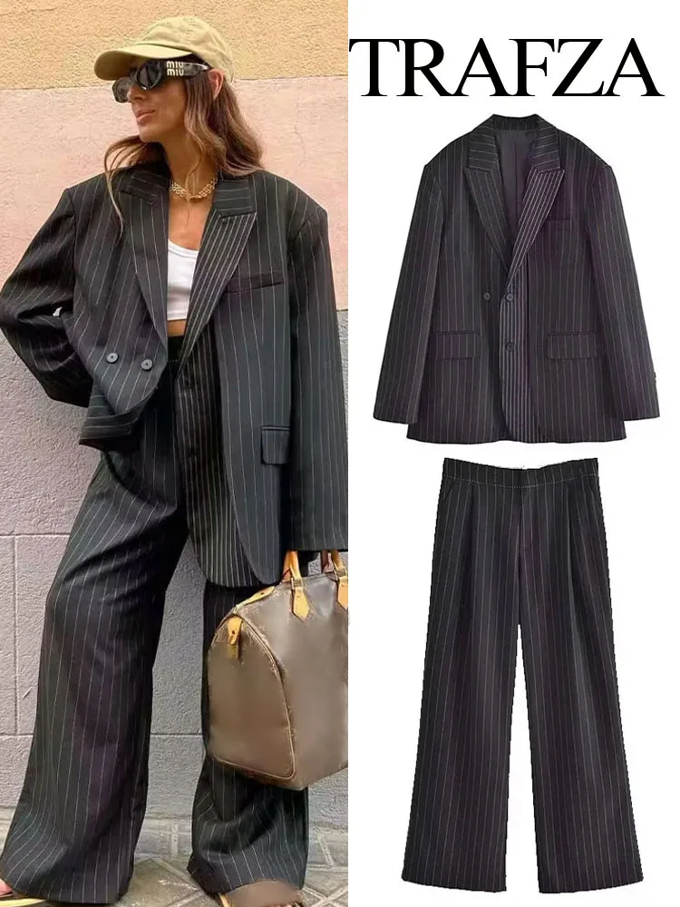 TRAFZA 2024 Woman Autumn Oversize Jackets Coat Suit Office Women Blazer Elegant Outerwear Women Striped Blazer Outfits Jacket