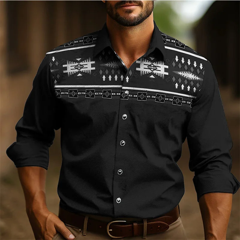 Men's Western Style New Long Sleeve Blouse Men Slim Shirt Social Wear Ethnic Retro Tribal Clothing Male Camisas ddmysmile Casuais Dress Smile