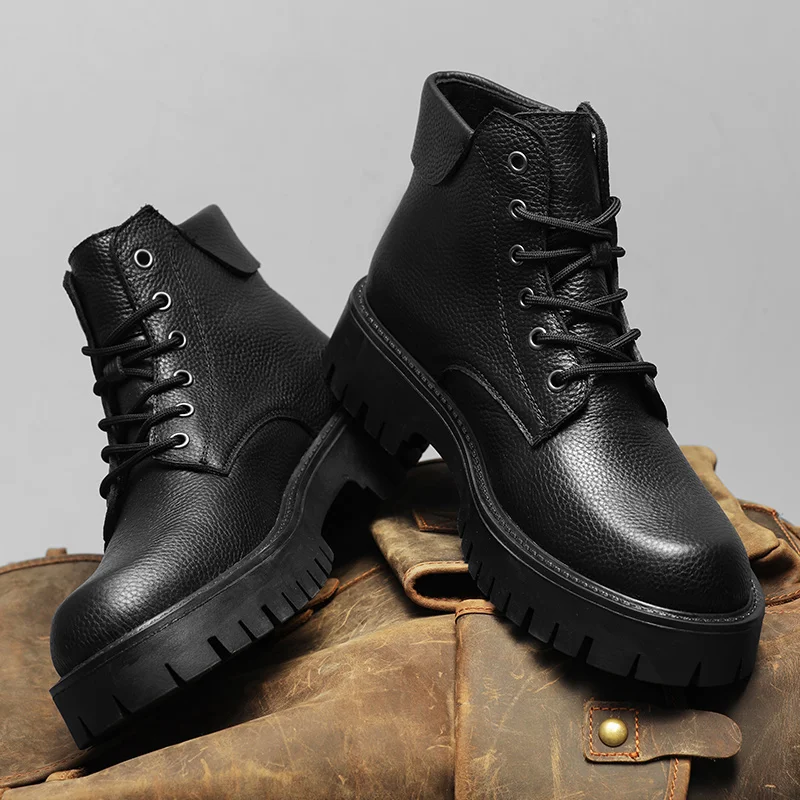 Thick Bottom Mens Black High Top Shoes Genuine Leather Ankle Boots for Men High Quality Side Zipper Motorcycle Botas Basic Boots