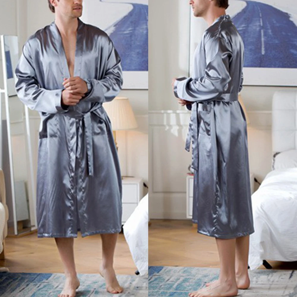 Men Robe Silk Bathrobe Soft Cozy new Long Sleeve Nightgown One-Piece Kimono Men Bath 2025 Gown Solid Robes Home Satin Sleepwear Pamas