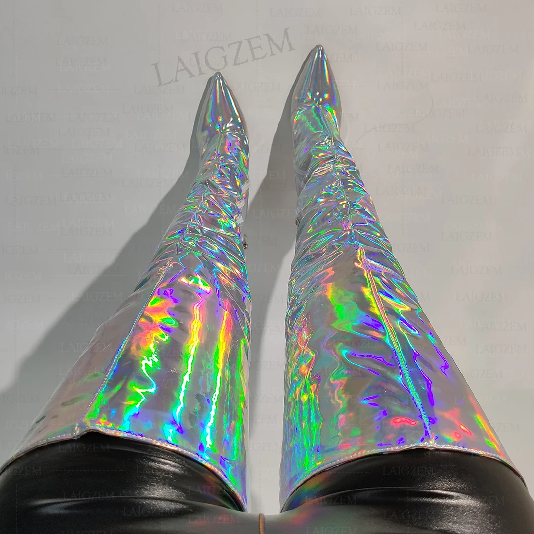 LAIGZEM Women Thigh High Boots Holographic Side Zip Thin High Heels Over Knee Boots Party Ladies Shoes Woman Big Size 43 45 47