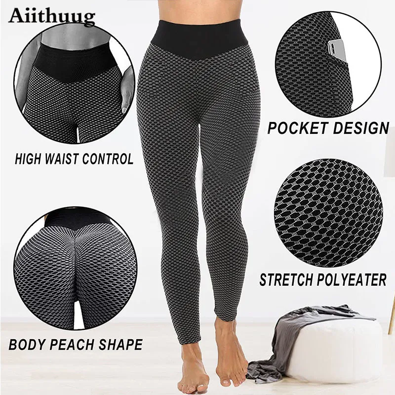 Aiithuug High Waist Yoga Pants Tummy Control Slimming Textured Booty Leggings Running Workout Ruched Butt Lift Pants Women