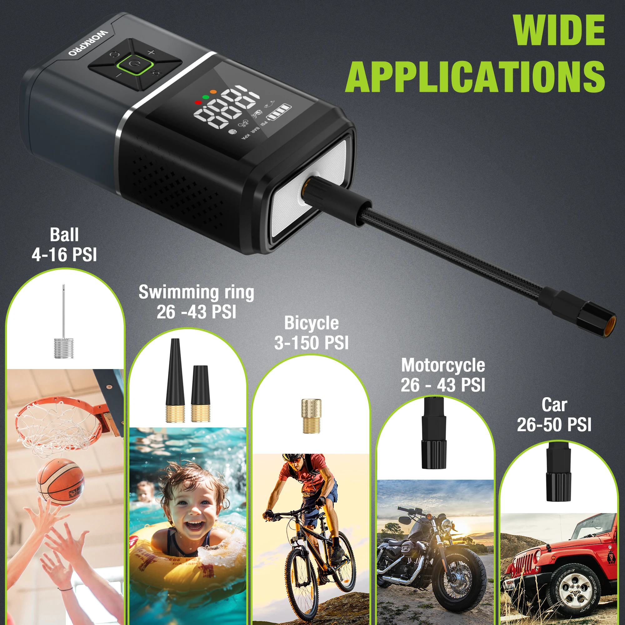 Iator Tire WORKPRO 7.2V 150PSI Portable Air Compressor for Motorcycle Bicycle Boat AUTO Tyre Balls with LCD Digital Display smile