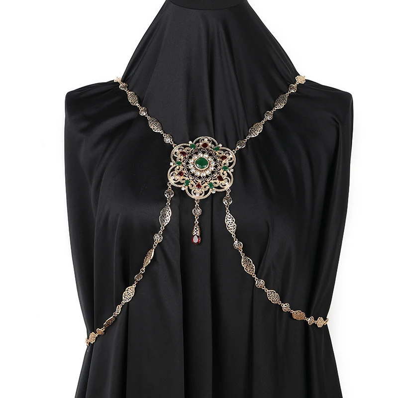 Moroccan Wedding Back Jewelry for Women Flower Design Gold Color Crystal Shoulder Chain Jewelry Kaftan Long Necklace