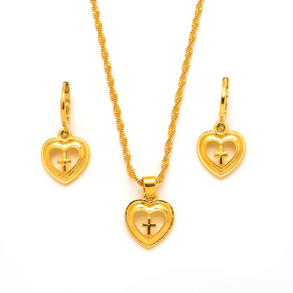 Gold Color Dubai Heart Cross Jewelry Sets Earrings Pendant Necklace Women Party Gifts