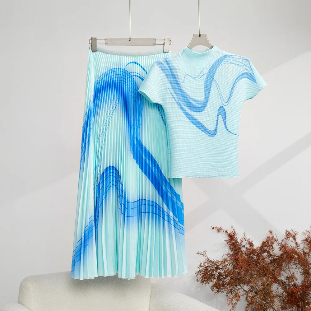 Two Piece Dress Print Corn Pleated Miyake Set Half High Collar Short Sleeve Tops High Waist Folds Skirt 2 Piece Sets for Women 2024 New