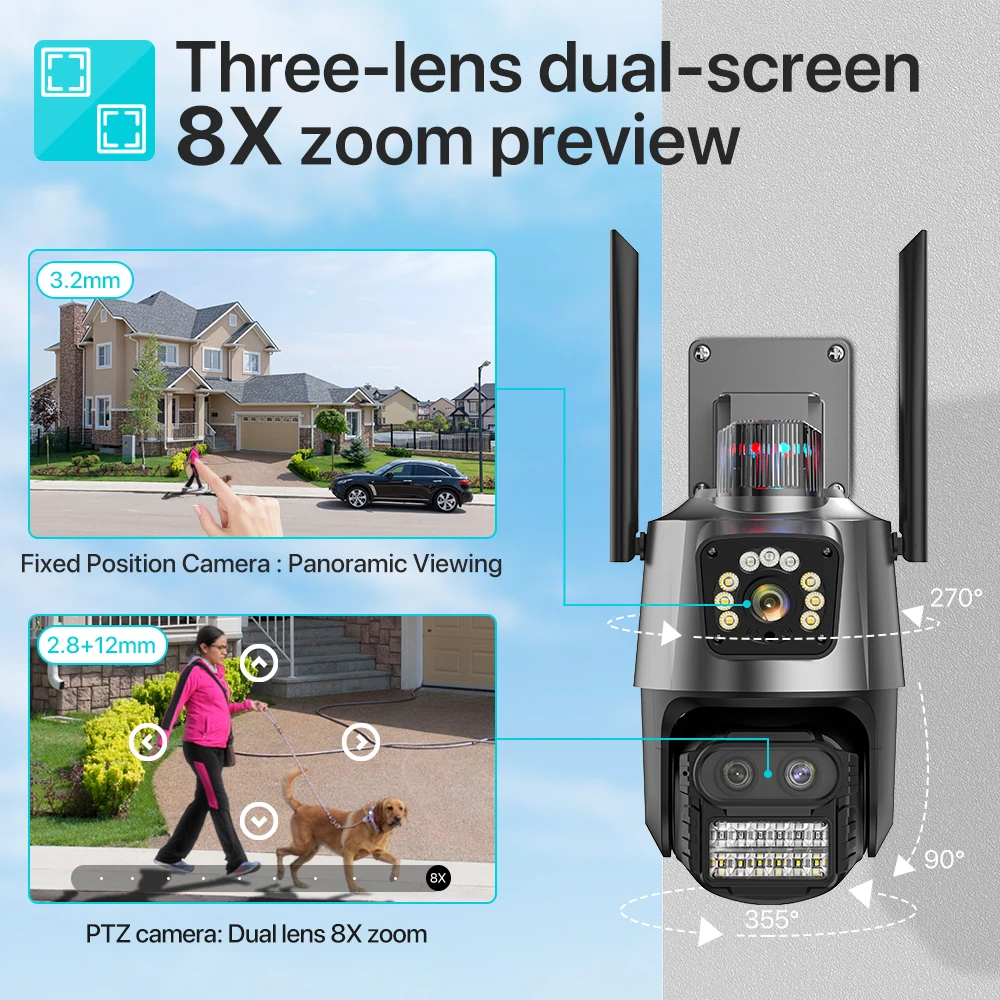 Outdoor PTZ Camera 9MP 4K HD 8X Hybrid Zoom Three Lens Dual Screen Wifi IP Camera 4MP Police Light Alarm CCTV Surveillance iCSee
