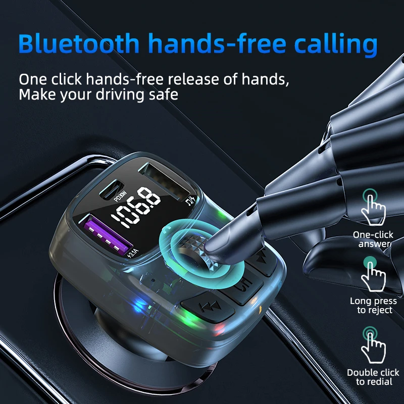 Bluetooth 5.3 Car FM Transmitter PD 30W Dual USB 3.1A Type-C Car Charger Handsfree new Car Kit Mp3 2025 Player Autoradio
