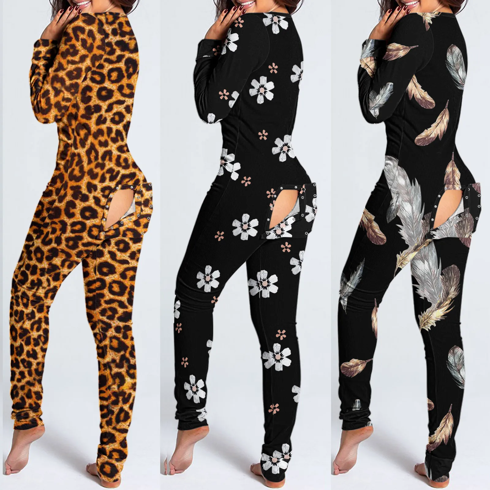 2022 pajamas Onesies Women's Button-down Print Functional Buttoned Flap Adults V-neck Jumpsuit Pyjama Femme Sleepwear