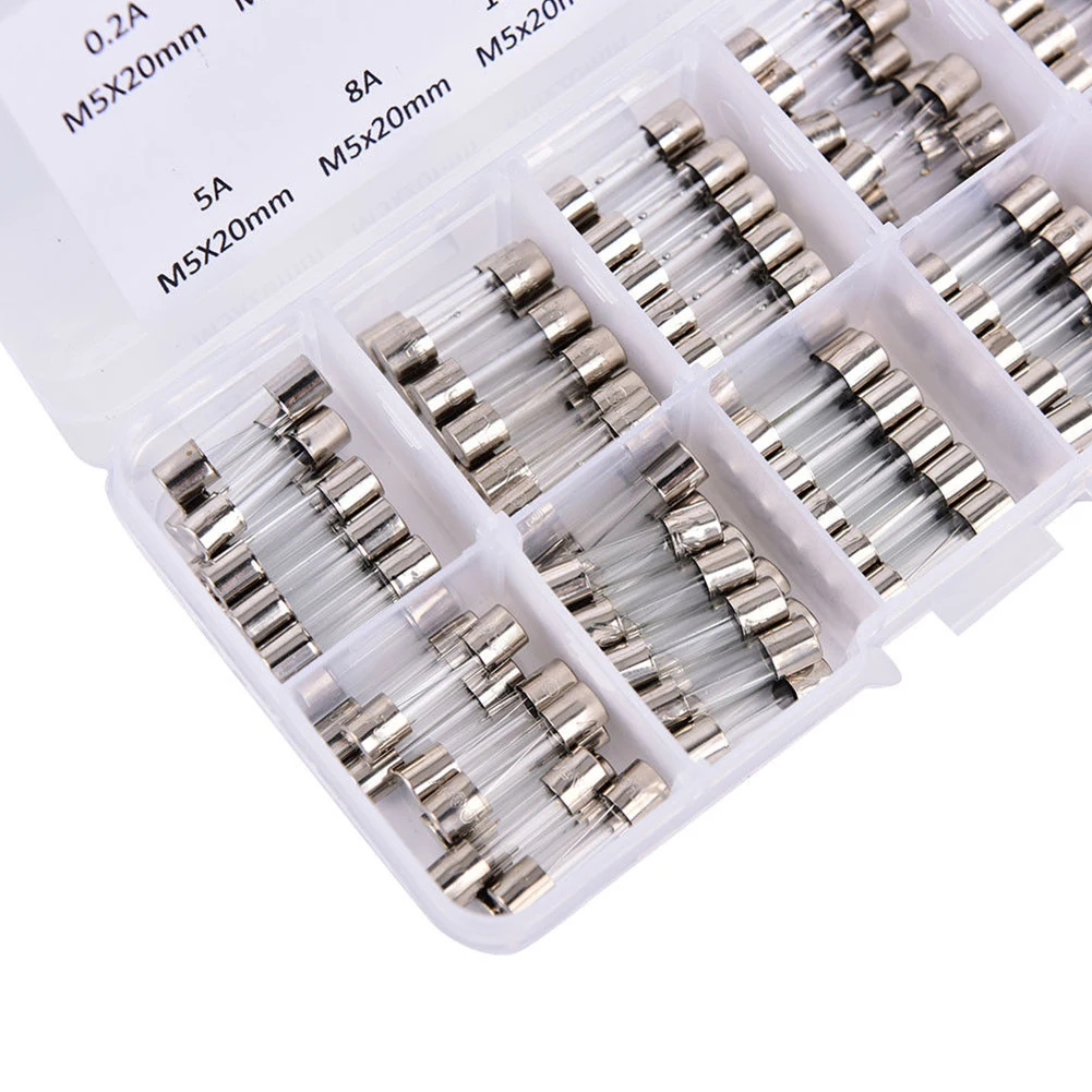 100Pcs Glass Tube Fuse Assorted Kit 5 * 20MM Fast Acting Glass Fuse Amp 0.2A-20A Glass Fuse Assortment Pack with Storage Box