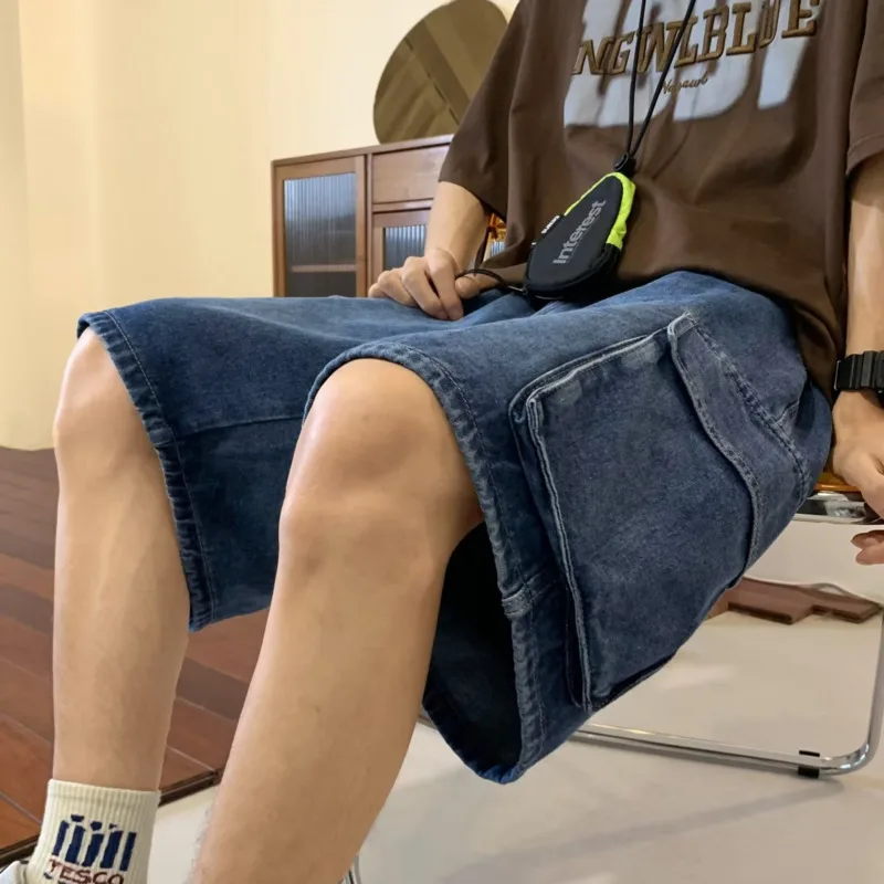 Summer Denim Shorts Men Oversized Vintage Pocket Cargo Shorts Men Japanese Streetwear Hip Hop Loose Wide Leg Shorts Mens Jeans