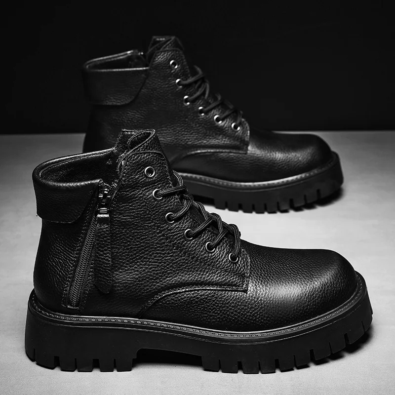 Thick Bottom Mens Black High Top Shoes Genuine Leather Ankle Boots for Men High Quality Side Zipper Motorcycle Botas Basic Boots