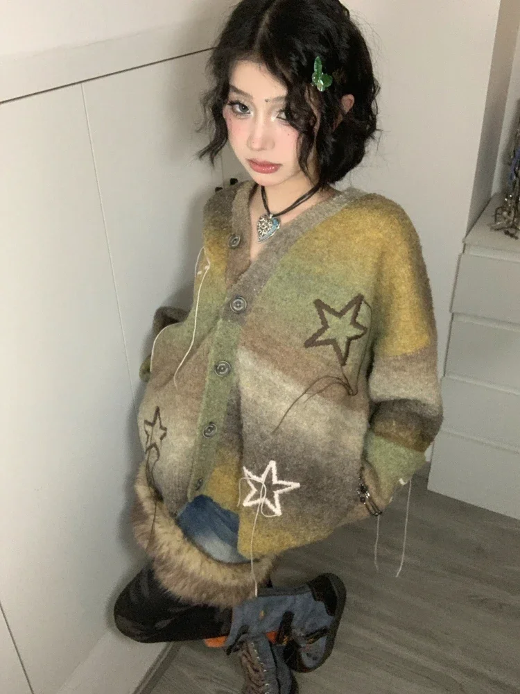 Deeptown Vintage Star Knitted Cardigan Women Harajuku Autumn Winter Oversized Sweater Retro Embroidery Tops Fairycore Aesthetic
