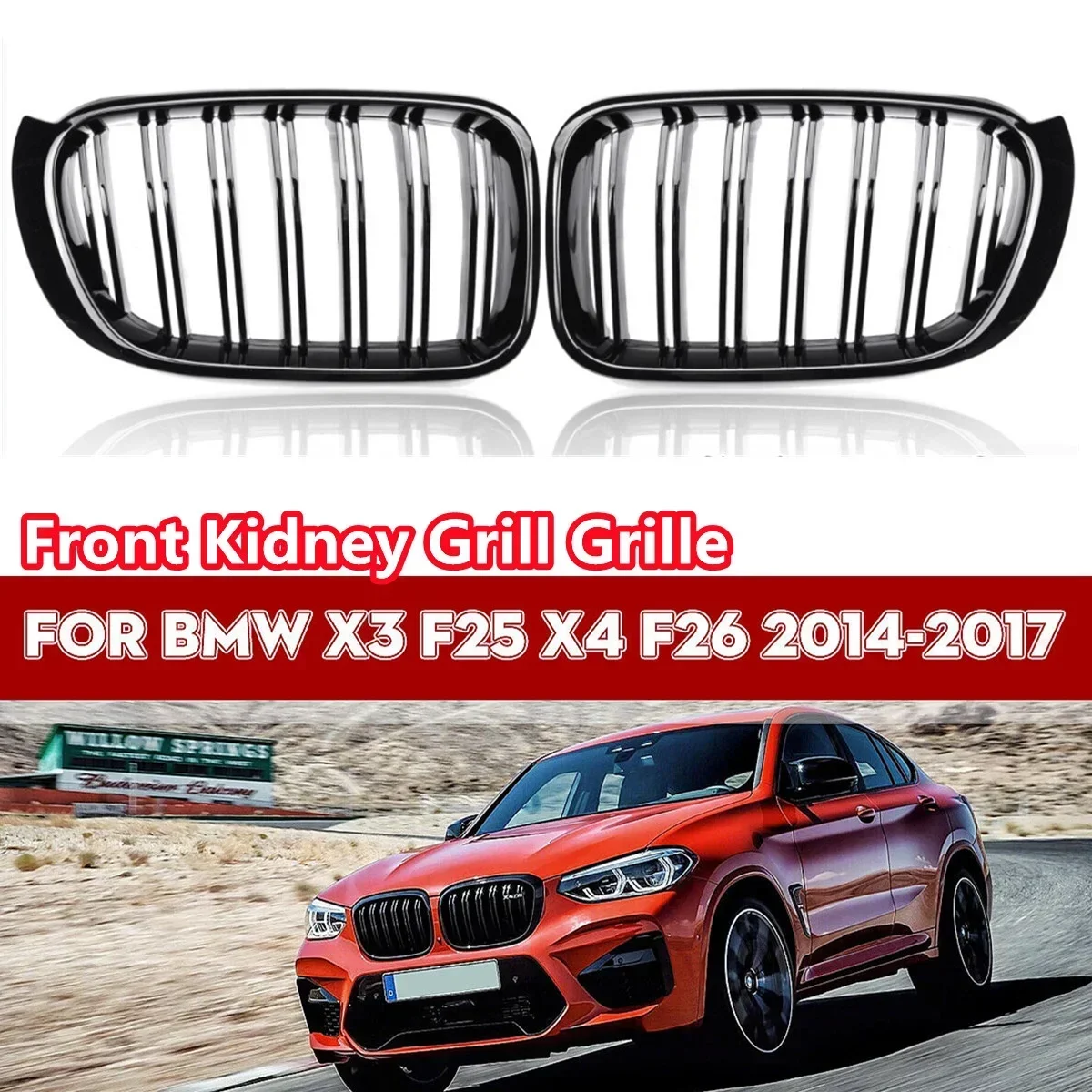 Glossy Black Bumper Kidney Grill Hood Mesh Double Line For X3 X4 F25 F26 2014-2017 Front Grille Racing Grills