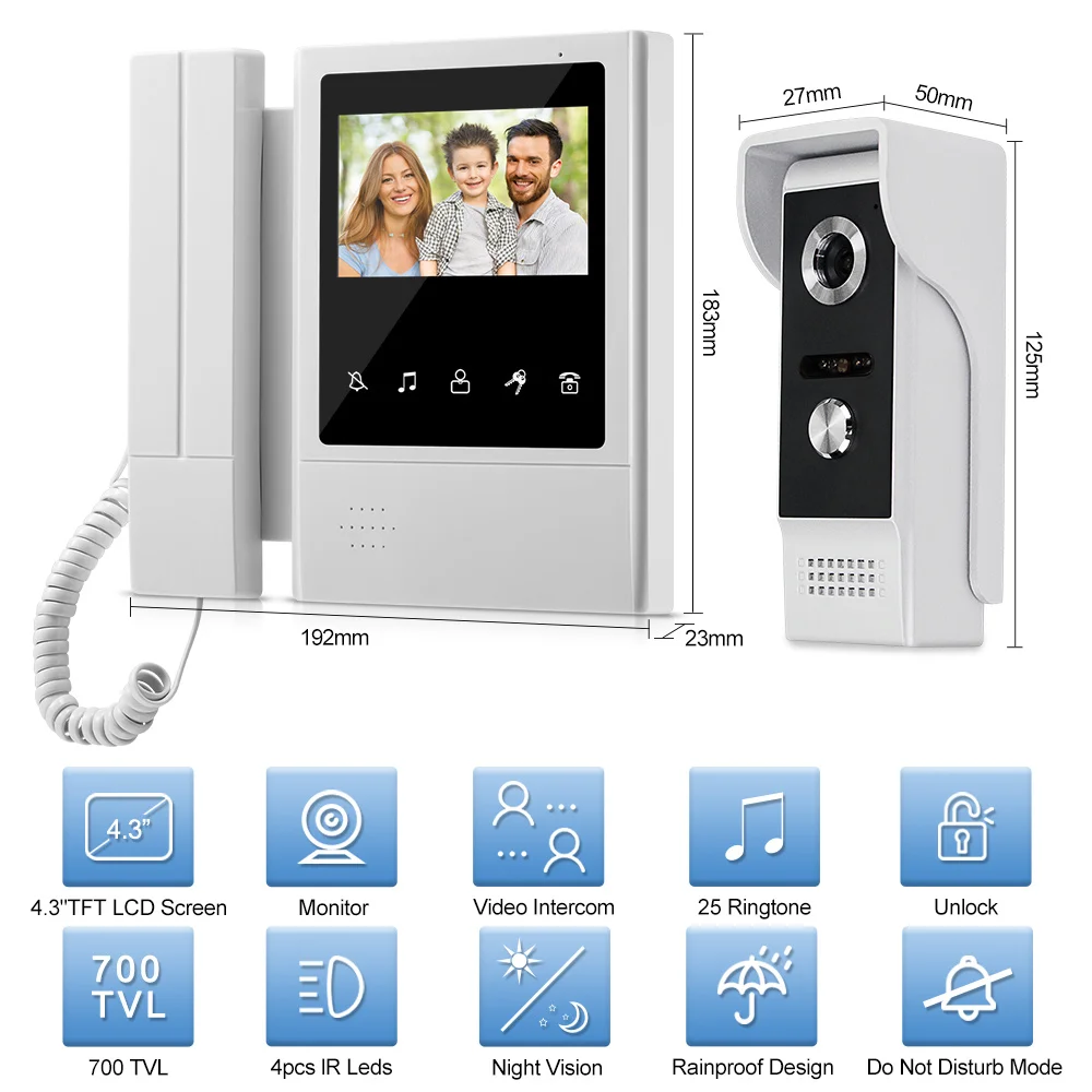 Wired 4.3 inch Video Doorbell Intercom System Handheld Door phone Monitor Waterproof Outdoor Camera Color 700TVL Night Vision