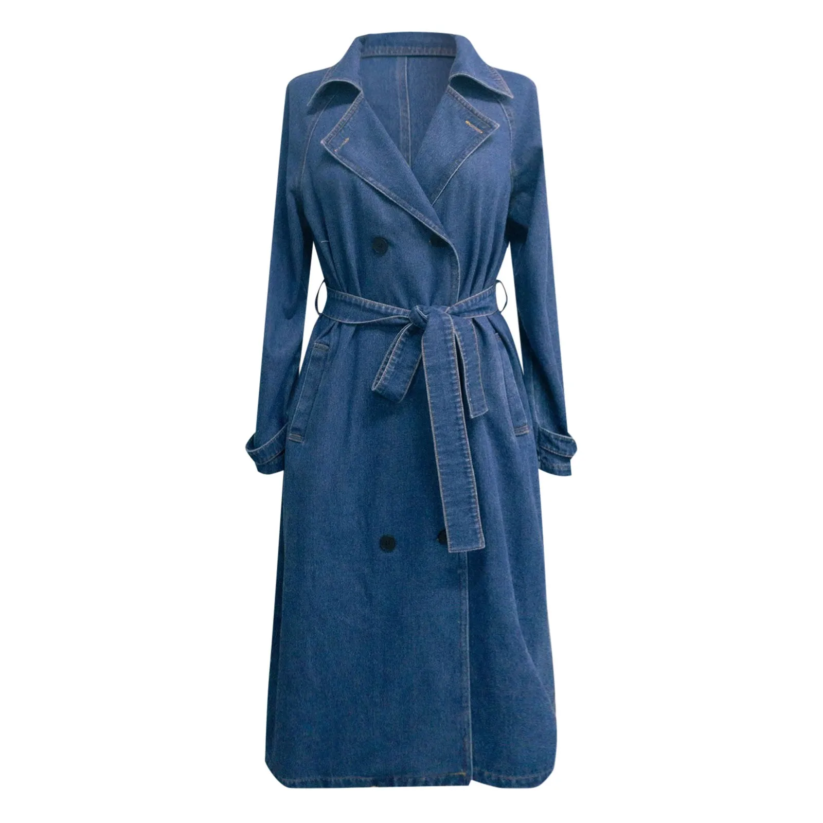 Women'S Vintage Long Jean Jacket Temperament Loose Fit Double new Breasted Denim Jacket 2025 Lapel Trench Coat With Belt Woman Clothing